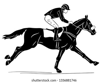 Graphic image of a jockey racing on a horse.