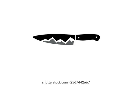 a graphic image with a knife and mountains theme, on a white background. vector graphic base.