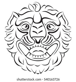 Graphic image of a lion's head, white background.