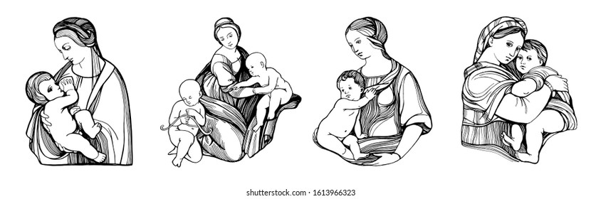 Graphic image of the Madonna and Child. Mother and baby. Set of female images. Hand drawing outline isolated. Sketch of paintings by Leonardo da Vinci. Suitable for print, card, mother's day. 