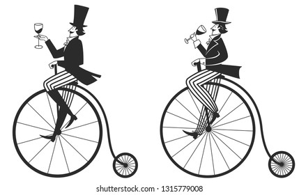 graphic image of a man with a glass of wine on a retro bicycle, vector illustration, isolated objects