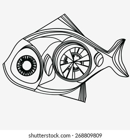 Graphic image of a mechanical fish on a white background.Vector illustration of steampunk.