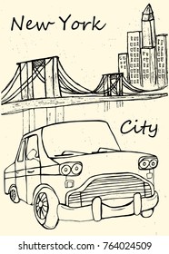 
graphic image on the theme of the city, New York, taxi and bridge, vintage