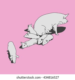 Graphic image of a pig and her piglets