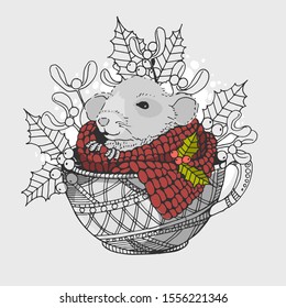 Graphic image of a rat sitting in a cup and wrapped in a scarf with elements of  mistletoe. cheerful. 