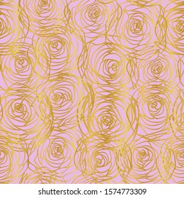 Graphic image of roses flowers. Gold buds in the form of contours on a pink background. Seamless pattern.