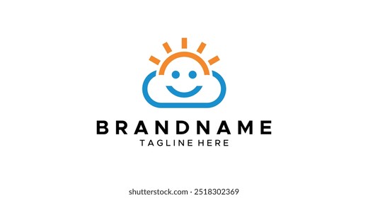 Una Imagen gráfica con una sonrisa del sol detrás de las nubes, sobre un fondo blanco. Vector gráfico base.