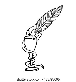 Graphic image of a snake, wound around a glass of alcohol and a pen. Black and white sketch of tattoo or graphic design books.