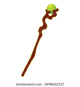 Graphic image of a stylized brown wand with a glowing green orb at the tip