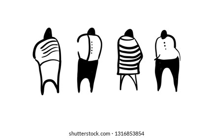 Graphic image of stylized people. Black on white. Isolated. Vector illustration. 