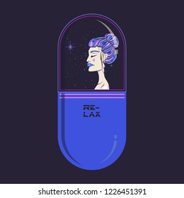 graphic image of the tablet. topic of drugs. pill with girl and space inside. relax