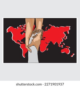 Imagen gráfica que muestra un par de manos ayudando a la gente, simbolizando la humanidad. Con un mapa del mundo en segundo plano. Relacionados con terremotos, inundaciones, tifones, volcanes, etc. Plantilla, afiche, cartel.