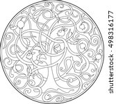 the graphic image of the tree of life with intertwined branches. The pattern in the circle in the style of Zen tangle. Suitable for children and adults coloring pages, t-shirts, packaging.