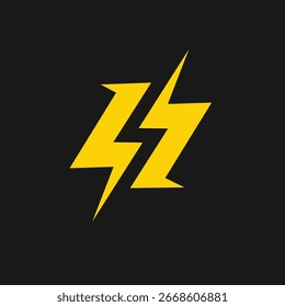 Imagen gráfica de dos relámpagos amarillos estilizados con ángulos afilados, colocados sobre un fondo negro sólido. Este símbolo llamativo se puede utilizar en diseños relacionados con la electricidad, la velocidad o la energía
