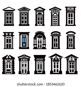 The graphic image of the window frames and window opening on the facades of houses. Retro style, front view isolated on white background. Flat design vector illustration.