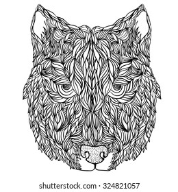 graphic image of a wolf's head, black on a white background