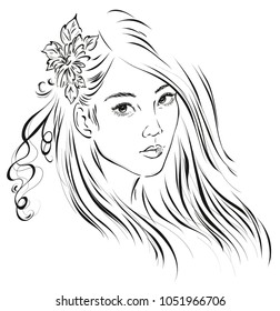 Graphic image of a young Asian girl with long hair. Vector illustration