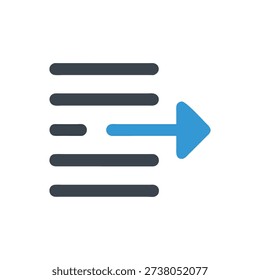 Graphic indent arrow element showing alignment with grey horizontal lines. Represents formatting tool for document layouts and user interfaces.