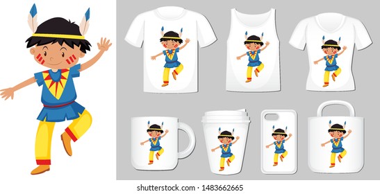 Graphic of indian boy on different types of product template illustration