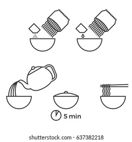 información gráfica sobre cómo preparar fideos instantáneos para su uso manual en el embalaje, vector de iconos de esquema