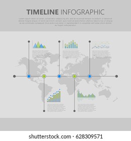 Graphic infographics symbols on timeline with world map on background. Global statistic information presentation vector. Graphics and column diagrams for business, politics or social concepts