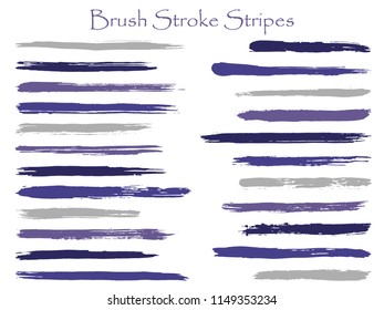 Graphic ink brush stroke stripes vector set, violet horizontal marker or paintbrush lines patch. Hand drawn watercolor paint brushes, smudge strokes collection. Interior colors scheme swatches.