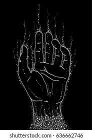 Graphic ink sketch hand-drawn. Magic particles decaying into hand. White lines and dots on a black background.