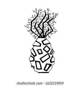 A graphic ink vector botanical illustration. A thorn succulent in a flower pot. Geometric black and white plant. A hand drawn cactus in a doodle romantic design is for print, card, poster, textile.