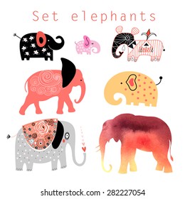 Graphic interesting set different elephants on a white background
