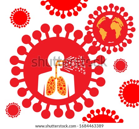 A graphic interpretation of the Covid-19 virus combined with a cut away a person infected with the Covid-19 virus in the lungs of a person coughing and a virus with global countries. Stock photo © 