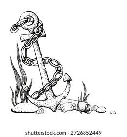 Una composición gráfica aislada que presenta un ancla marina en el fondo marino. La ilustración está dibujada a mano en tinta. Adecuado para postales y carteles.