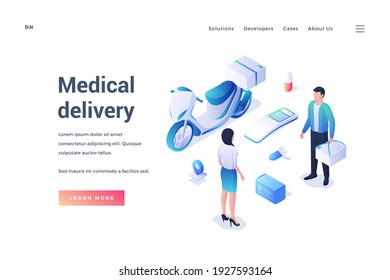 Graphic isometric banner of website offering online service of medical delivery with male and female staff isolated on white background