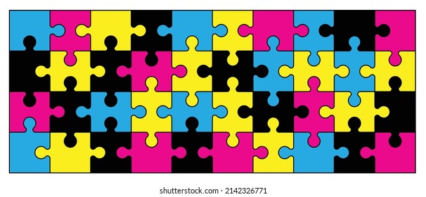 Graphic Jigsaw Puzzle Pieces Prepress Color Cyan Magenta Yellow Black. Puzzle Pieces. Cartoon Vector Outline. Rainbow Logo Or Symbol. Platte Puzzels. Cmyk, Pms Background.