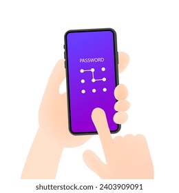 Graphic key icon. Flat, color, graphic password on the screen, human hand, phone screen. Vector icon