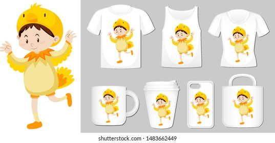 Graphic of kid in chicken costume on different types of product template illustration