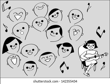 Graphic Kids Singing Chorus While The Girl Playing Guitar