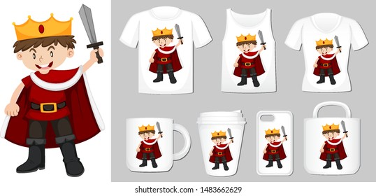 Graphic of king on different types of product template illustration