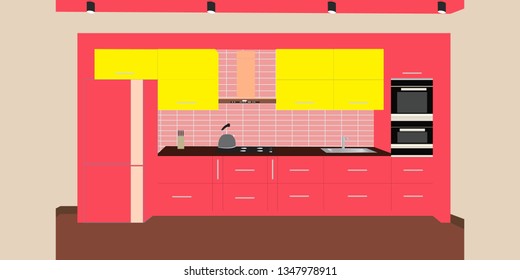 graphic kitchen interior card. vector illustration