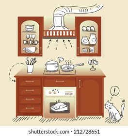 graphic kitchen interior card. vector illustration