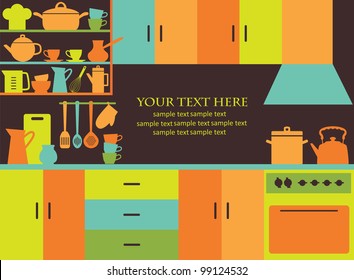 graphic kitchen interior card. vector illustration