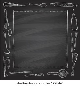 Graphic kitchen utensils frame, chalkboard background, empty space for text, vector illustration