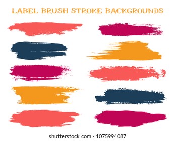 Graphic label brush stroke backgrounds, paint or ink smudges vector for tags and stamps design. Painted label backgrounds patch. Interior paint color palette elements. Ink dabs, red splashes.