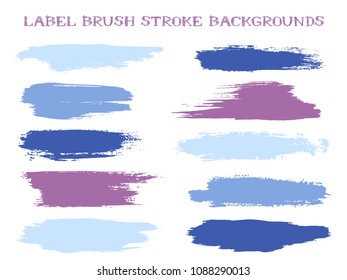 Graphic label brush stroke backgrounds, paint or ink smudges vector for tags and stamps design. Painted label backgrounds patch. Interior colors guide book elements. Ink dabs, violet splashes.