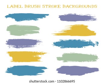 Graphic label brush stroke backgrounds, paint or ink smudges vector for tags and stamps design. Painted label backgrounds patch. Interior colors scheme samples. Ink smudges, stains, blue gold spots.