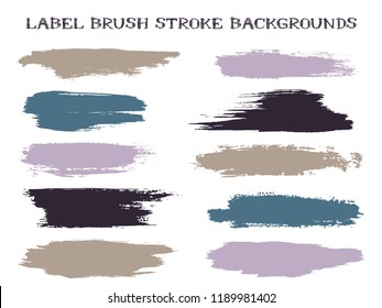 Graphic label brush stroke backgrounds, paint or ink smudges vector for tags and stamps design. Painted label backgrounds patch. Interior paint color palette swatches. Ink smudges, stains, grey spots.