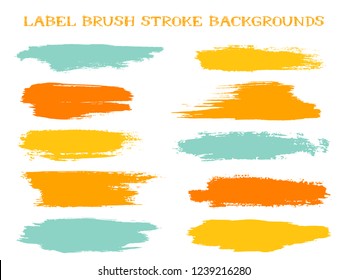 Graphic label brush stroke backgrounds, paint or ink smudges vector for tags and stamps design. Painted label backgrounds patch. Color combinations catalog elements. Ink dabs, orange blue splashes.