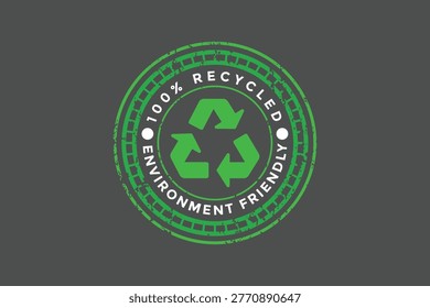 A graphic label design featuring a hundred percent recycled indicator with vibrant green arrows in a circular formation, set against a minimalist dark grey background for modern eco branding needs.
