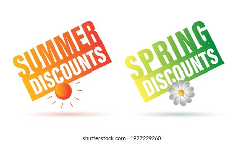 Graphic labels for seasonal sale for spring and summer with big typography and sun and daisy flower illustration, isolated stickers