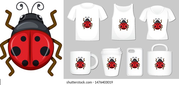 Graphic of ladybug on different product templates illustration