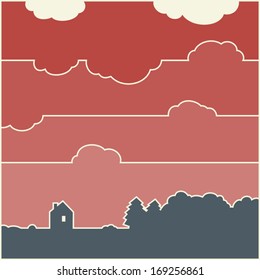 Graphic landscape background. Abstract vector illustration with clouds.